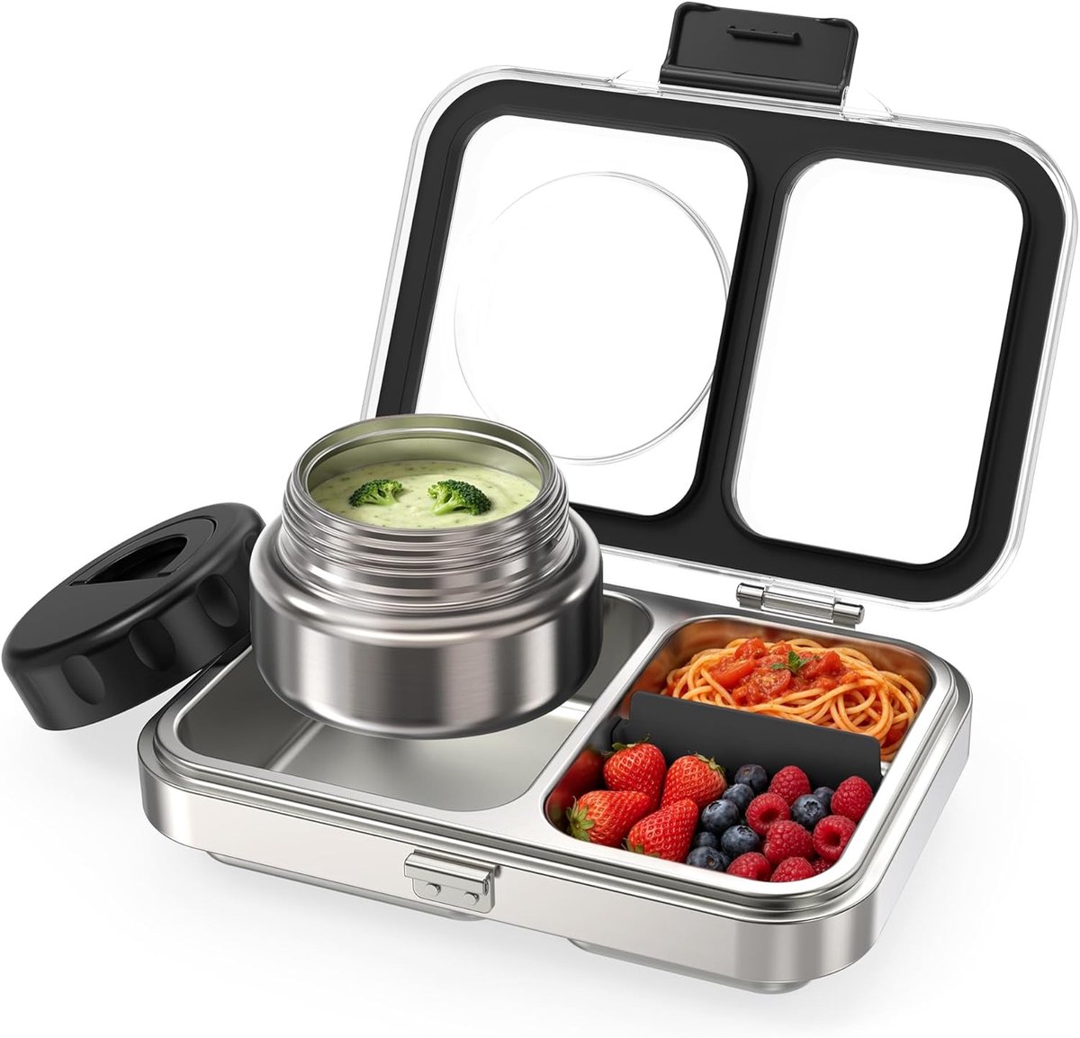 Broodtrommel van roestvrij staal, lekvrij, lunchbox, zwart