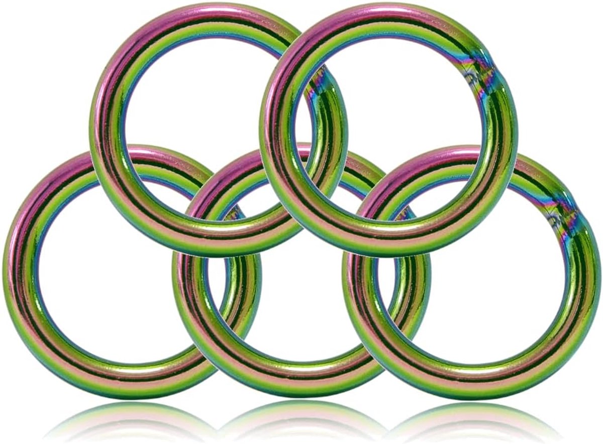 O-ring staal 20 mm gelast, Rainbow staal regenboog kleur, set 5, ringdikte 5 mm, voor DIY hondenriem en hondenhalsband, ronde bevestigingsring voor koord en band, buitenmaat 30 mm gewicht 10 g