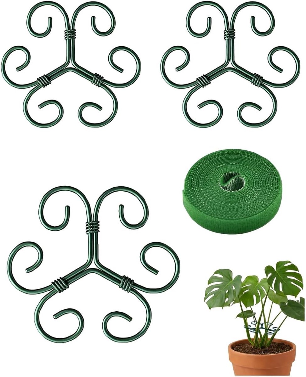 Set van 4 plantenstokken (3 metalen stangen + 2 m klittenband), flexibele en verstelbare houder voor monstera en kamerplanten, beschermt stengels en bevordert de groei