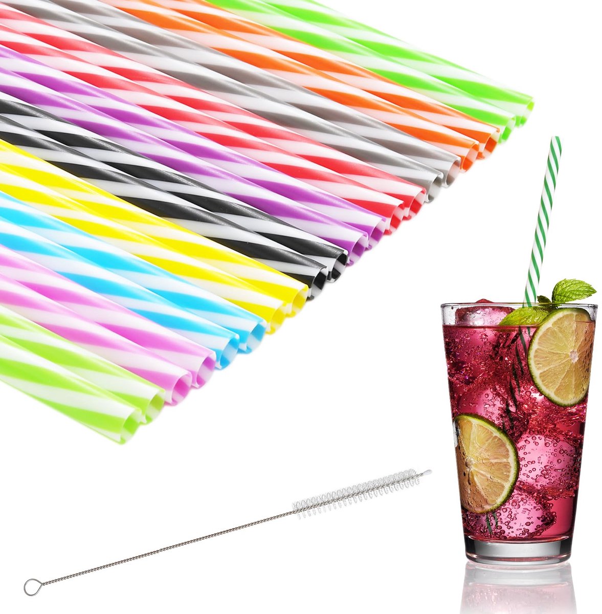 Plastic rietjes 60 stuks - 23 cm - herbruikbaar - met rietjesborstel voor warme en koude dranken - SnelShoppen
