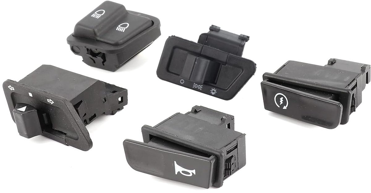 set van 5 grootlicht/dimlicht, knop, koplamp, motorfiets, starter, groot licht, dimlicht, koplamp, claxon, knipperlicht, toeter, toeter, toeter, toeter, toeter, knop, voor de auto