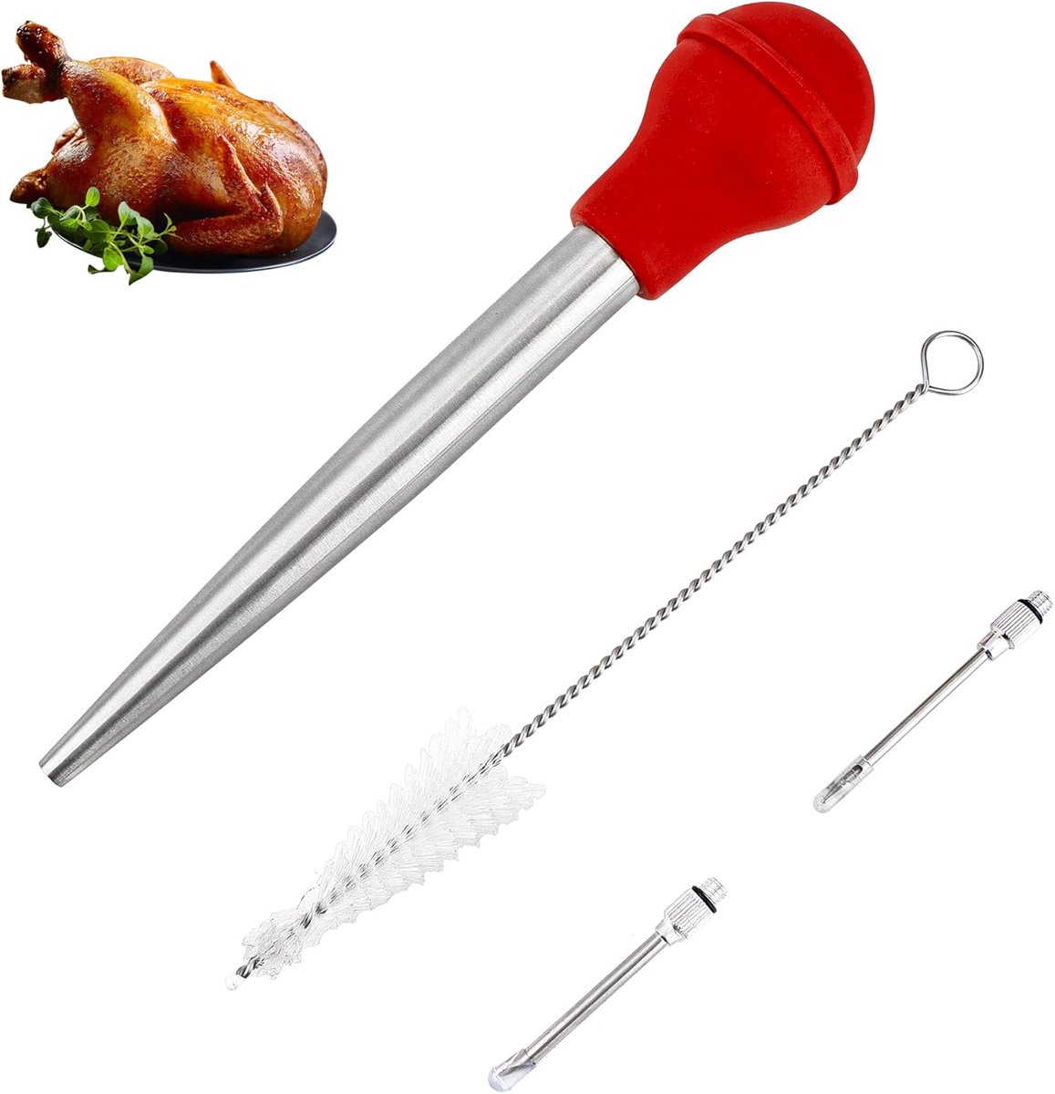 Baster Spuit om te koken, grote roestvrijstalen vleesinjector, met reinigingsborstel en 2 marinadenaalden, rood
