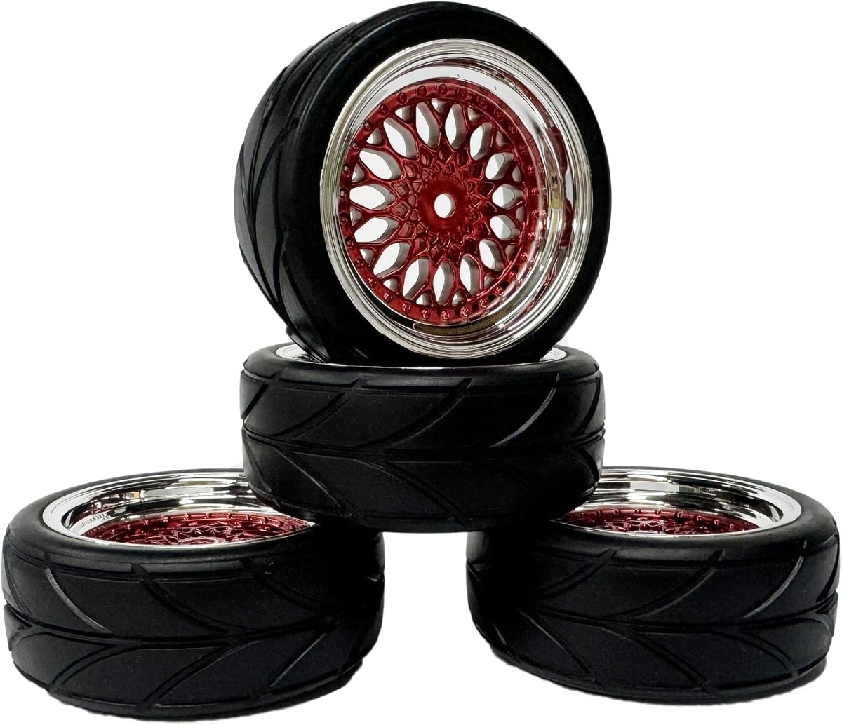 Wielenset, 4 stuks, 64 mm, rubberen banden met 52 mm (2,05 inch), kunststof velgen, wiel, 12 mm hex voor 1/10 RC On-Road Run-Flating, Touring, Racing Driftauto, rood zilver