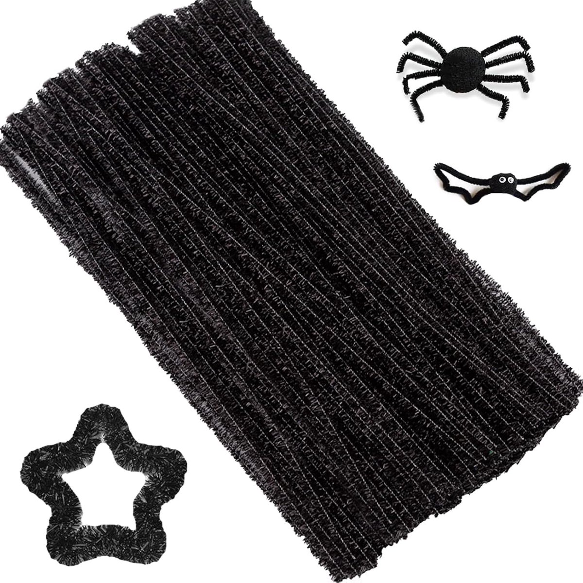 100 kleurrijke borstels voor knutselen, 30 cm × 6 mm, zwart | Glitterstelen van chenille, voor creatieve kerstdecoraties