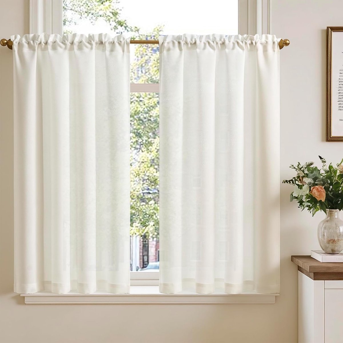 Vitrage, bistrogordijn, 2-delige set, 115 x 90 cm (h x b), wit, linnenlook, lichtdoorlatend, voor raam, gordijn, modern, gaas, voorhang, voor keuken, woonkamer, landelijke stijl