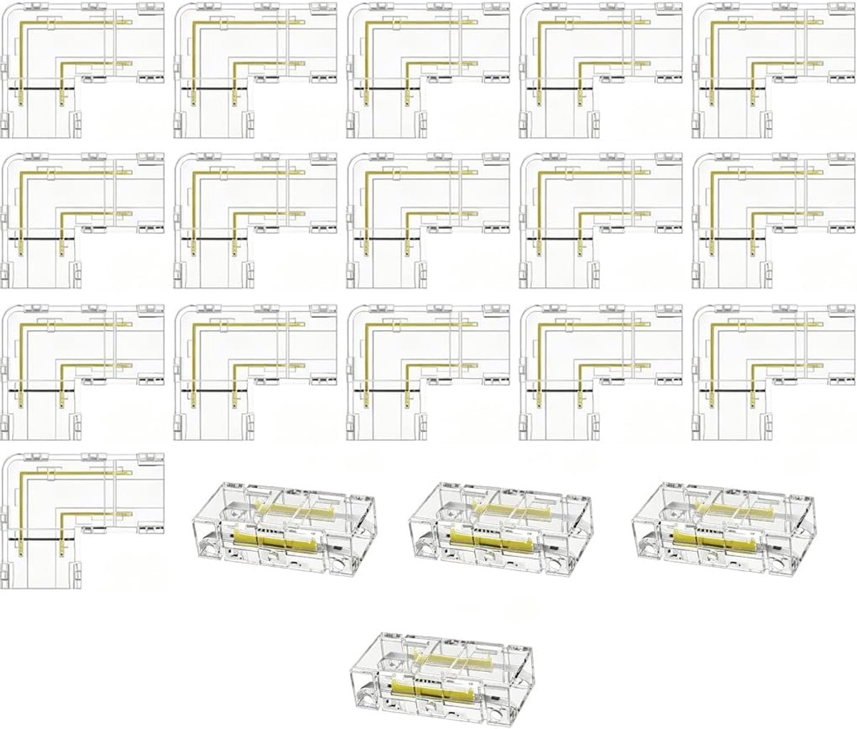 20 stuks ledstripverbinders, set 2-pins 10 mm, L-vormige hoekverbinders voor COB-ledstrip, lichtstrip, soldeervrije snelconnector, transparante Gapless Connector Kit voor enkelkleurige strips naar