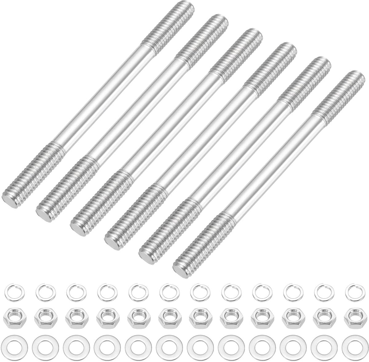6 set schroefdraadbouten met dubbele uiteinden M6 x 85 mm, draadstangen met dubbele schroeven 304 roestvrij staal met ringmoeren voor thuis onderhoud structureel anker bevestiging schroeven