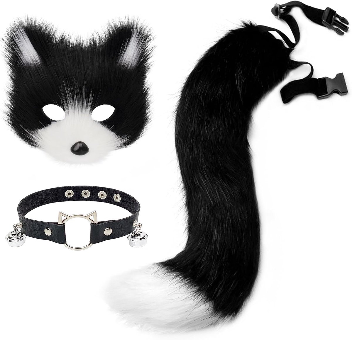 Faux fur masker set - wolfstaart en leren ketting - cosplay accessoire - ideaal voor verkleedpartijen - SnelShoppen