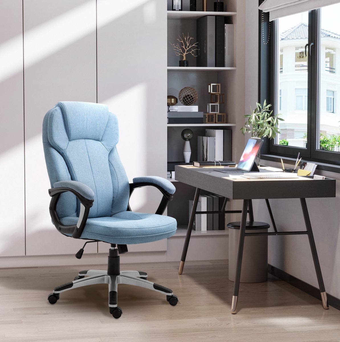 MODFU Bureaustoel-Ergonomisch-Hoogteverstelbaar-Lichtblauw-Linnen-Draaibaar
