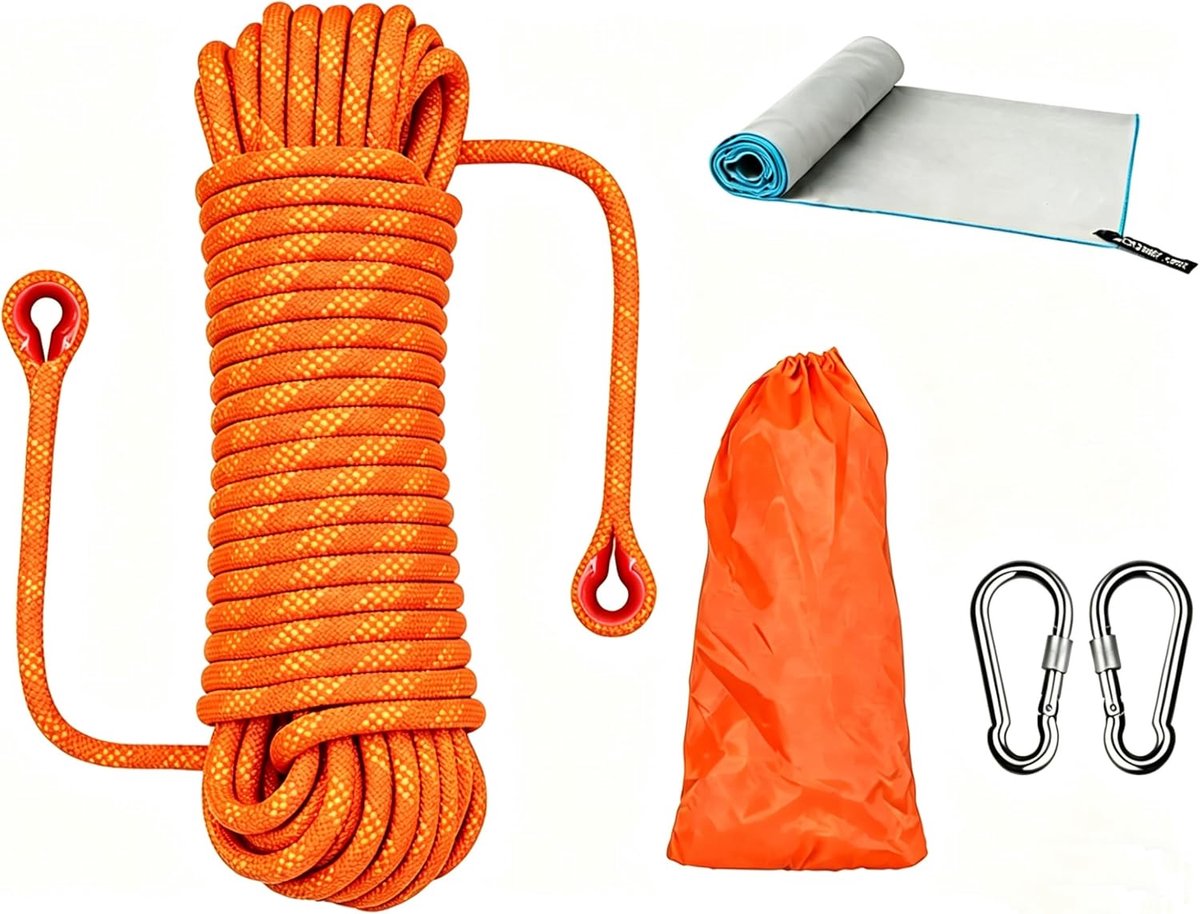 SnelShoppen - Multifunctionele Outdoor Touwset met Sneldrogende Handdoek D10 mm Nylon Touw met 2 Carabiner Haakjes Laadvermogen 1200 kg Voor Klimmen,