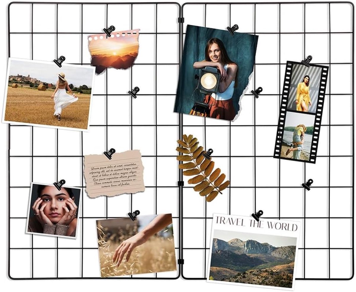 Wandrooster voor foto's 58 x 36 cm - set van 2 - zwart met 12 clips - veelzijdig voor decoratie - SnelShoppen