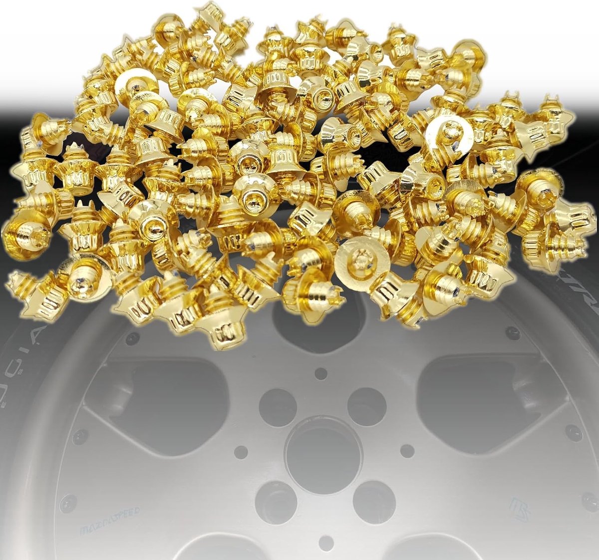 Bouten, wieldoppenmoeren, legeringsbouten, kunststof kapjes, 6,9 mm (goud)