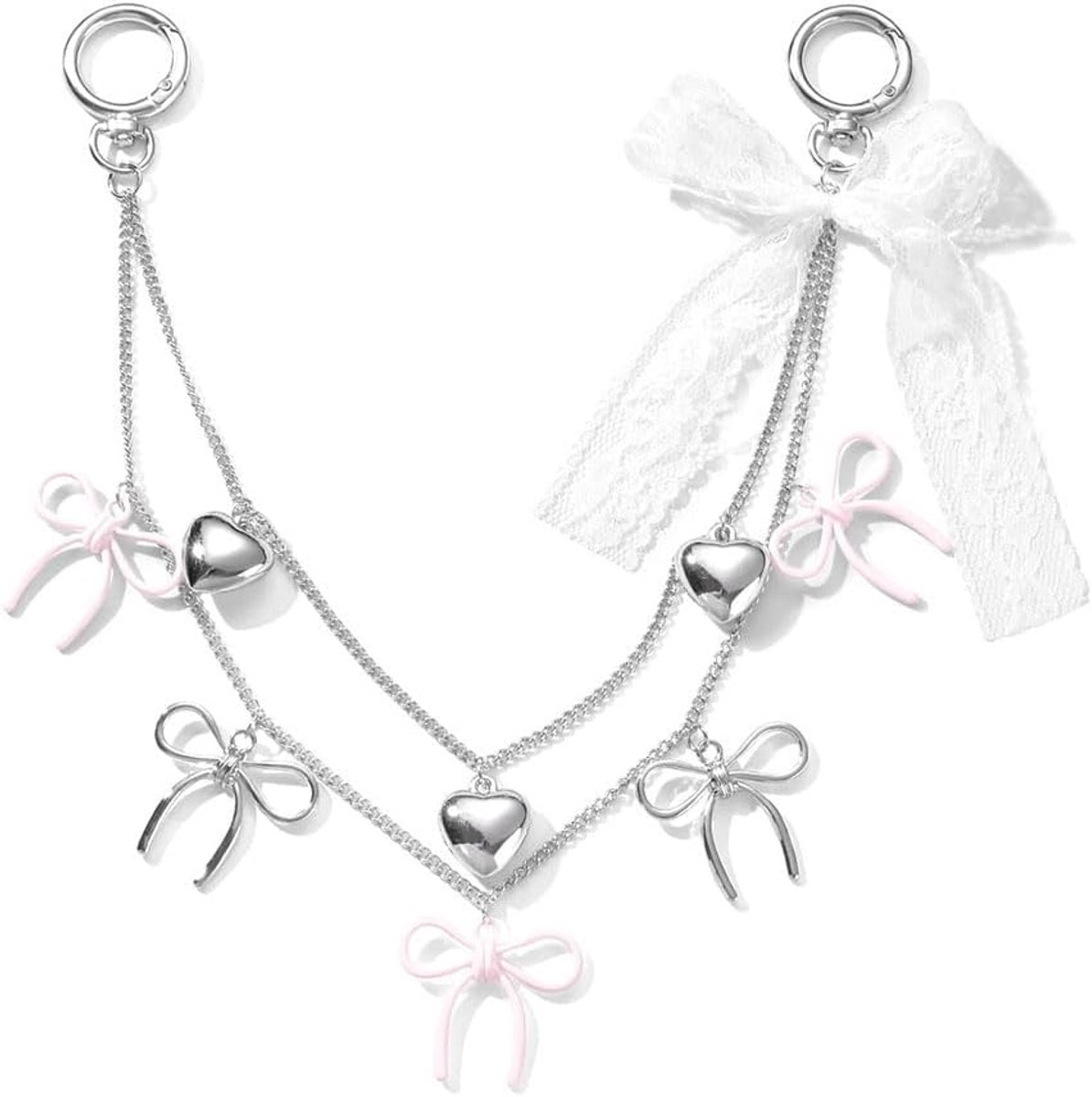 Kettingen met harten en strikken in zilver en roze bedels voor tassen, elegante handgreep voor tassen, decoratief accessoire voor dames