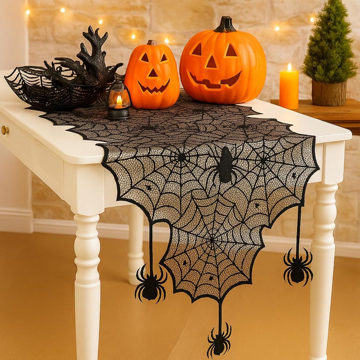 Tafelloper, Feest, Gothic, Halloween, Spinnenweb, Tafeldeco | Volledig Halloween-set met tafelkleed en spinnen, stabiel netdoek in kantlook, spinnenwebpatroon, voor thuis