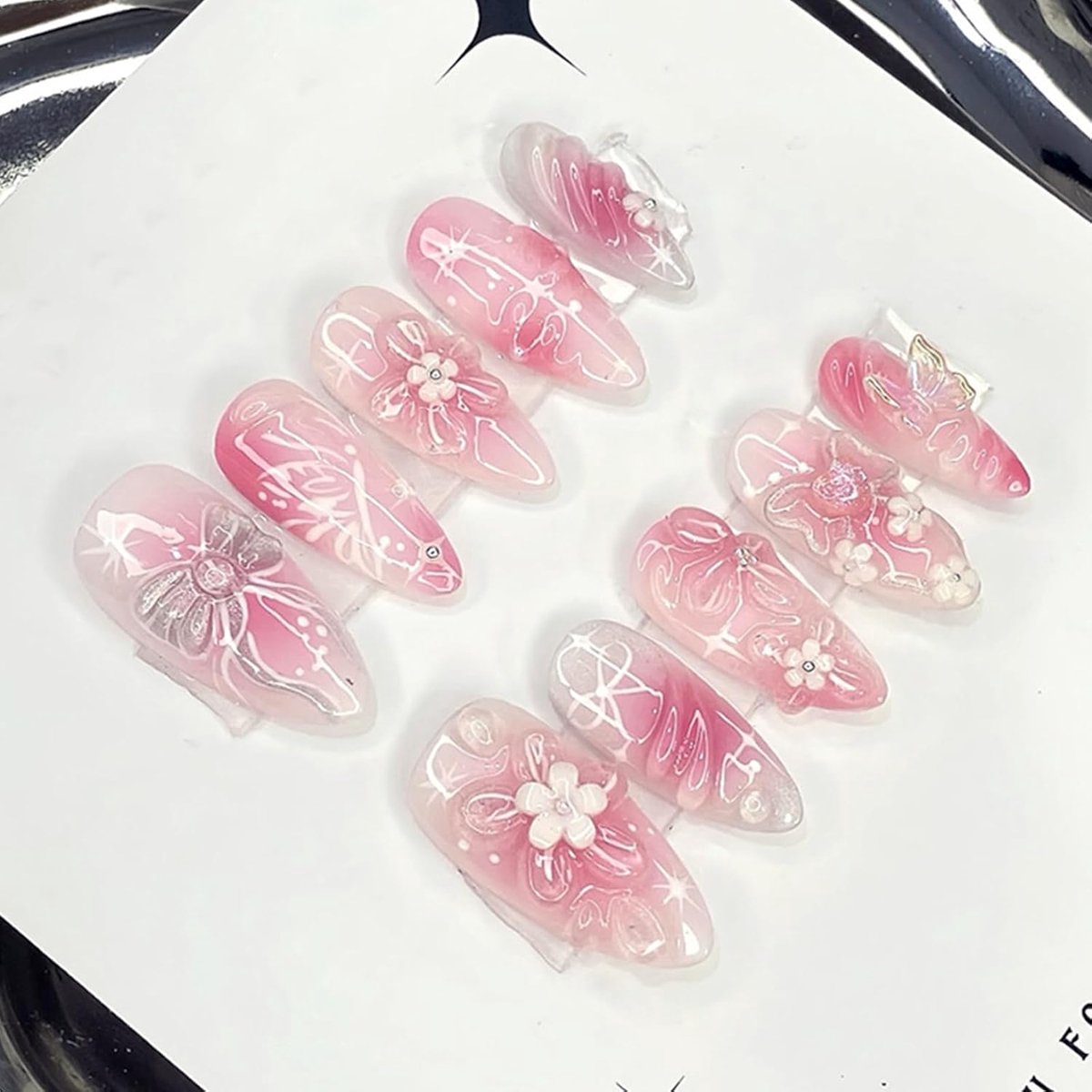 24 stuks press-on nagels, amandel, medium, roze bloemen, vlinders, om op te plakken, natuurlijke kunstnagels, glitter, kunstnagels om op te plakken, acryl, volledige cover, kunstnagels voor