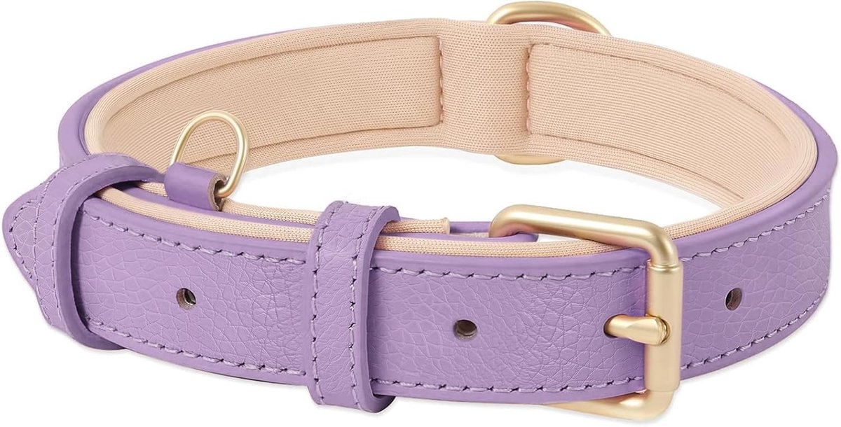 Zacht Lederen Hondenhalsband voor Klein Honden Ademend Gevoerd met D-ring, Verstelbare Klassieke Hondenhalsband, Lila,S