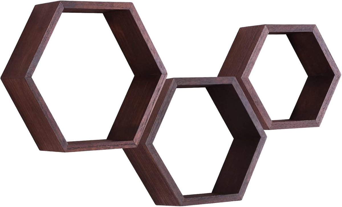 Set van 3 Zwevende Zeshoekige Zwevende Planken Van Massief Hout Voor Slaapkamer, Woonkamer, Kantoor, Woondecoratie(Donkere Walnoot)