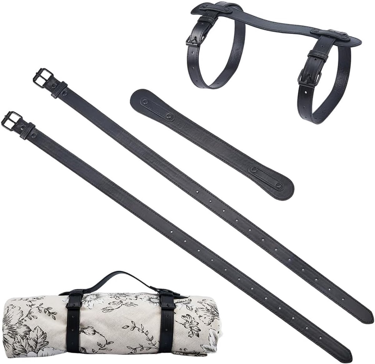 1 set lederen draagriemen voor picknickdekens, verstelbare lederen draagriem, H-vorm, camping, reizen, tapijt, drager, motorfiets, bedrol, riem, houder voor yoga, mat, tapijt, camping