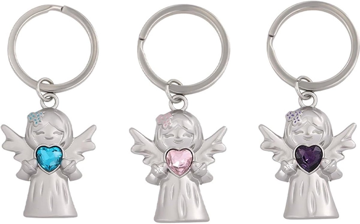3 stuks beschermengel geluksbrenger sleutelhanger engel met hart sleutelhanger geluksbrenger beschermengel hanger met edelstenen en lila voor examens of auto's, geschenken, zilver, blauw, roze