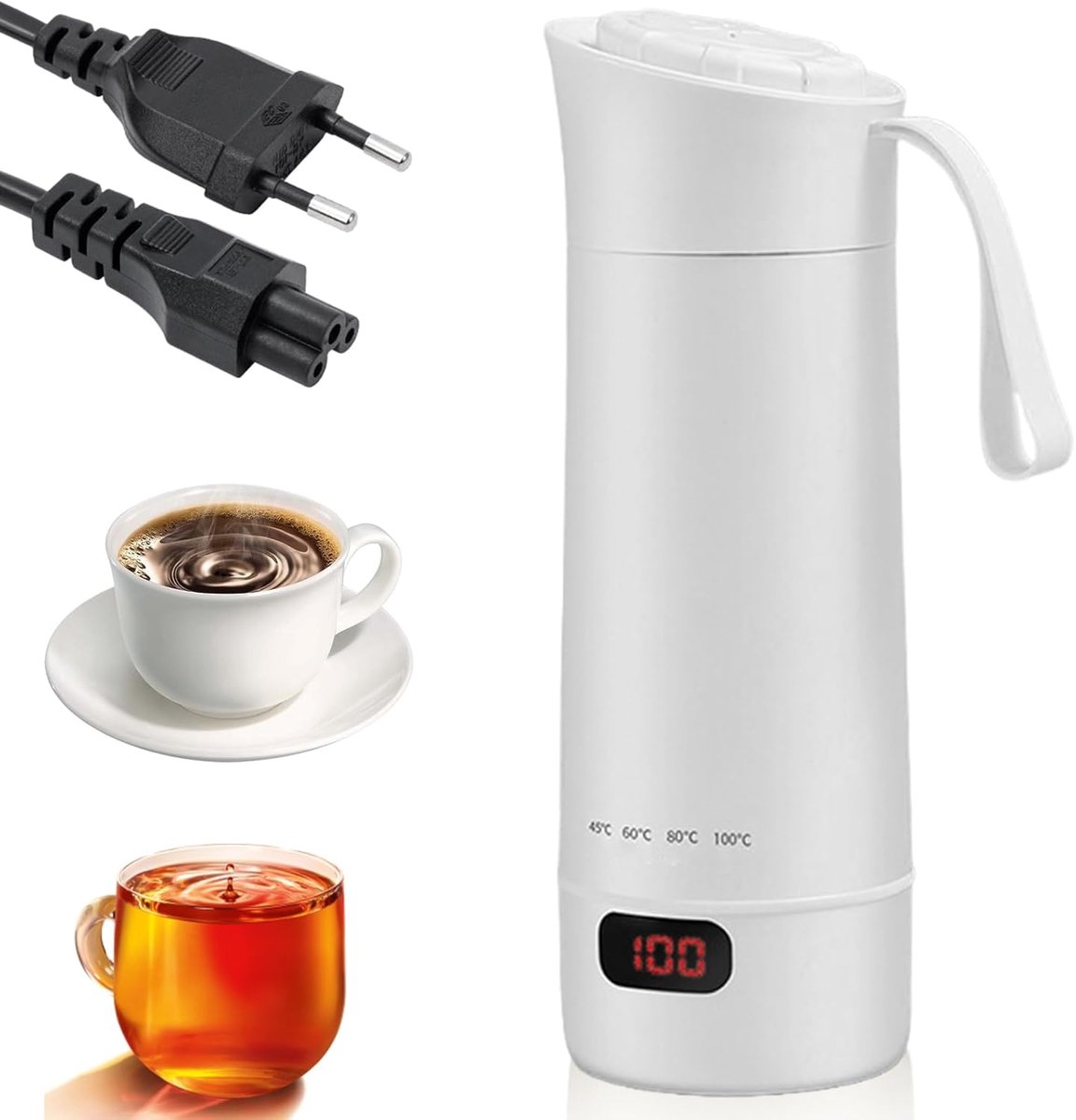 Elektrische waterbeker, kleine waterkoker, BPA-vrij, 304 roestvrijstalen voering, 4 instelbare temperatuurniveaus met uitschakeling