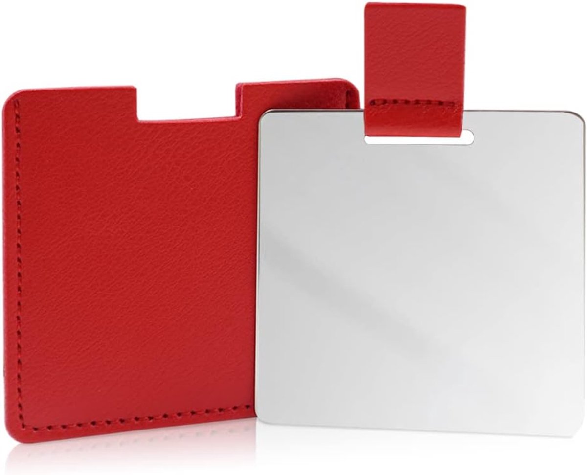 Roestvrijstalen compacte spiegel voor portemonnees, onbreekbare spiegel reizen met PU-lederen hoes, handheld campingscheerspiegel voor dames en heren, make-up, cadeau (rood)