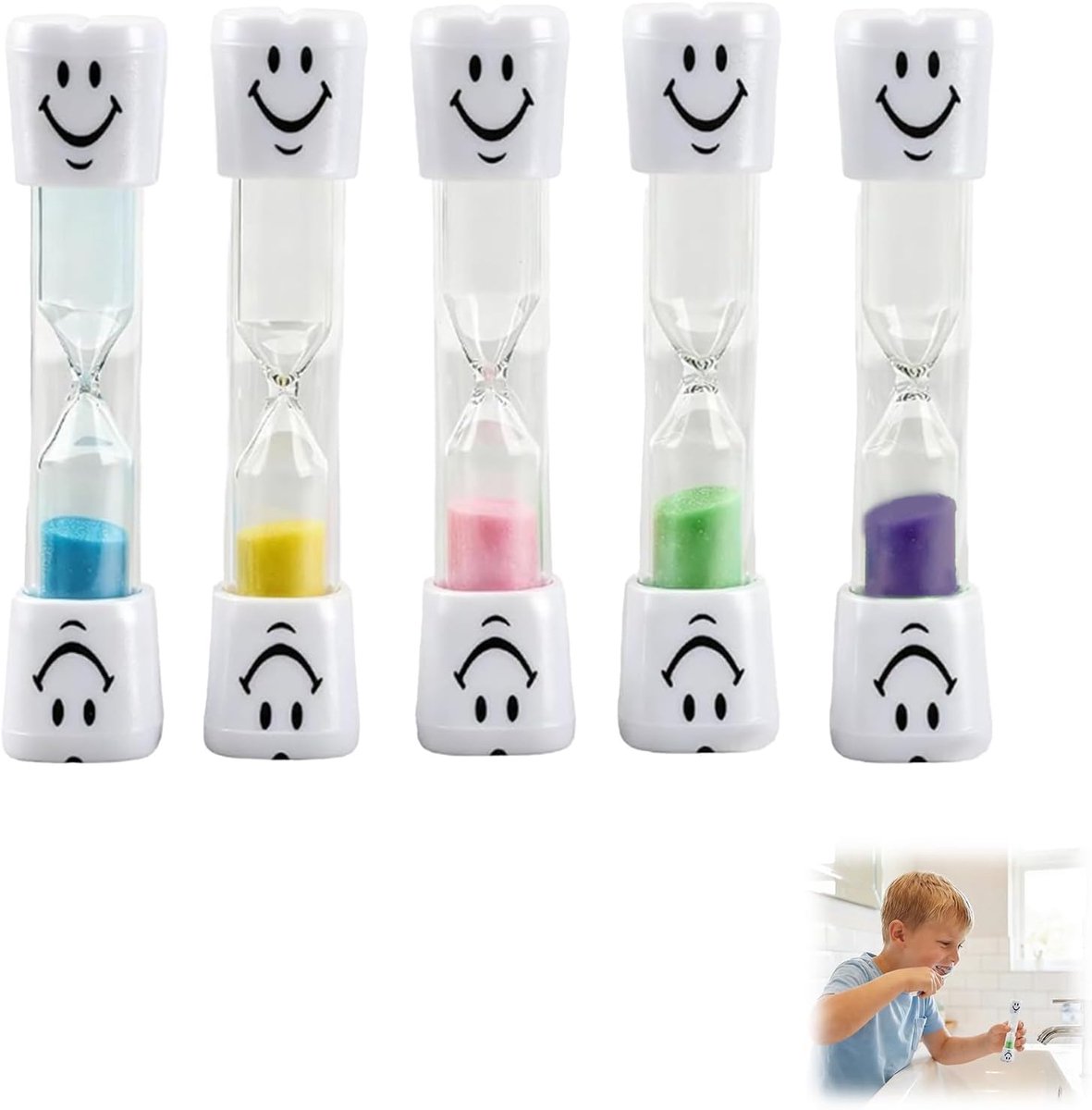 5 stuks glimlachende zandlopers voor kinderen, 3 minuten timer, praktische timer voor keuken, kantoor en spel, veelzijdig en leuk