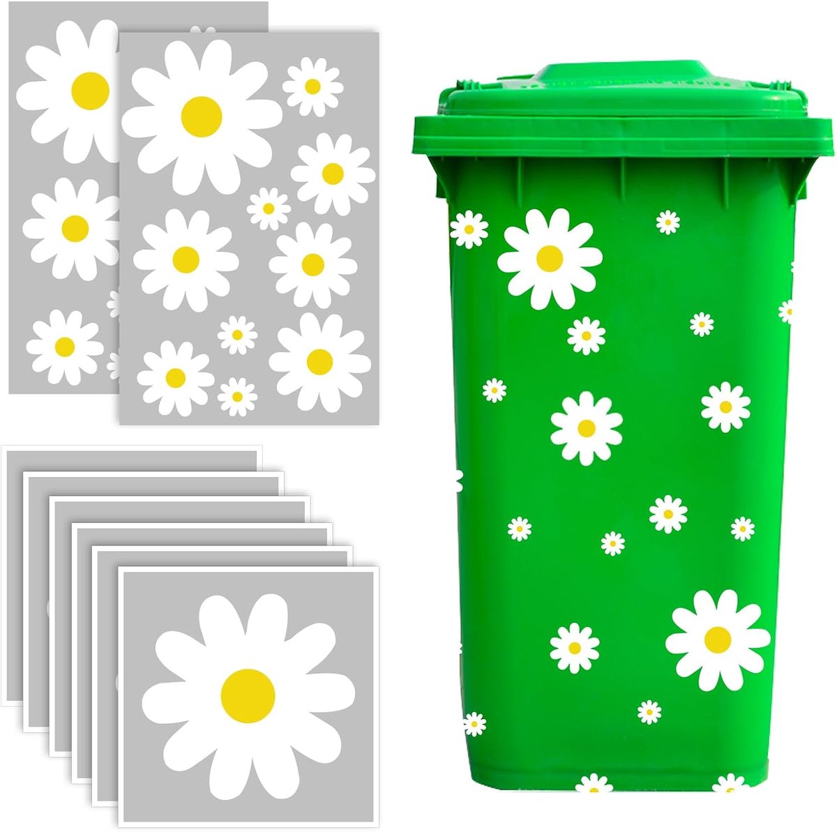 8 vellen Bloemenstickers voor vuilnisemmer, zelfklevend met wielen, waterdicht, geschikt voor containers en wanddecoratie