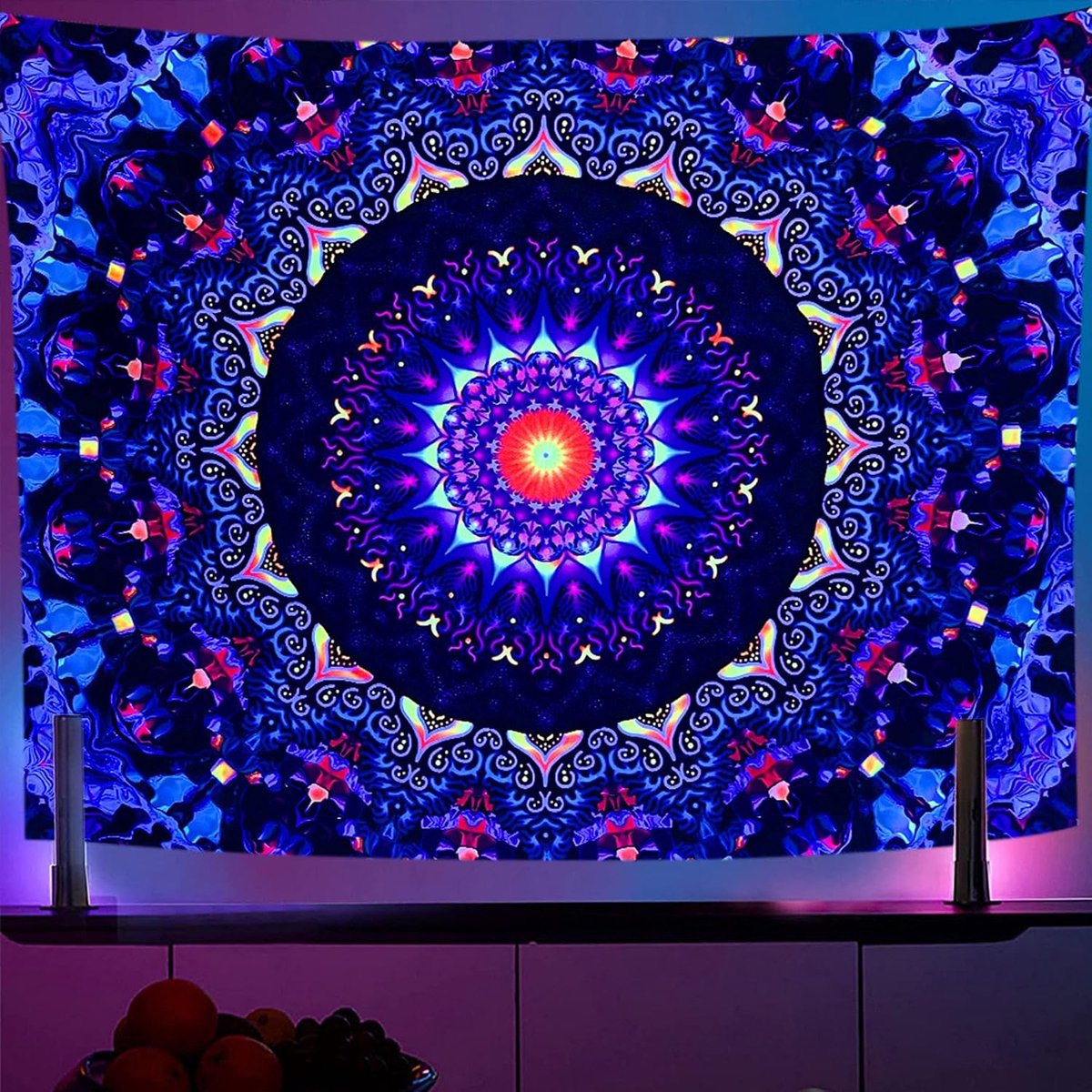 Schwarzlight Trippy Wandtapijt, mandala, 130 x 150 cm, UV-reactief, fantasie, esthetische wanddecoratie voor woonkamer, slaapkamer, boho, wandbehang