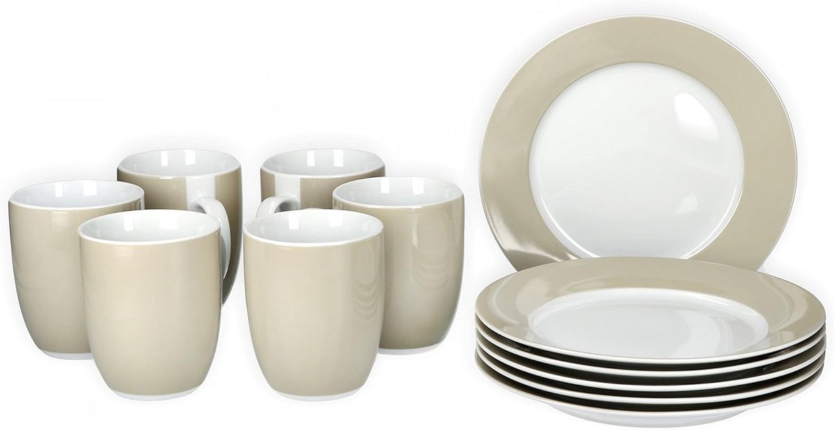 Van Well Vario Ontbijtset, 12-delig, combi-servies voor 6 personen, serviesset koffie, ontbijt en tafel, 6 kleine, platte ontbijtborden en koffiekopjes van porselein, beige