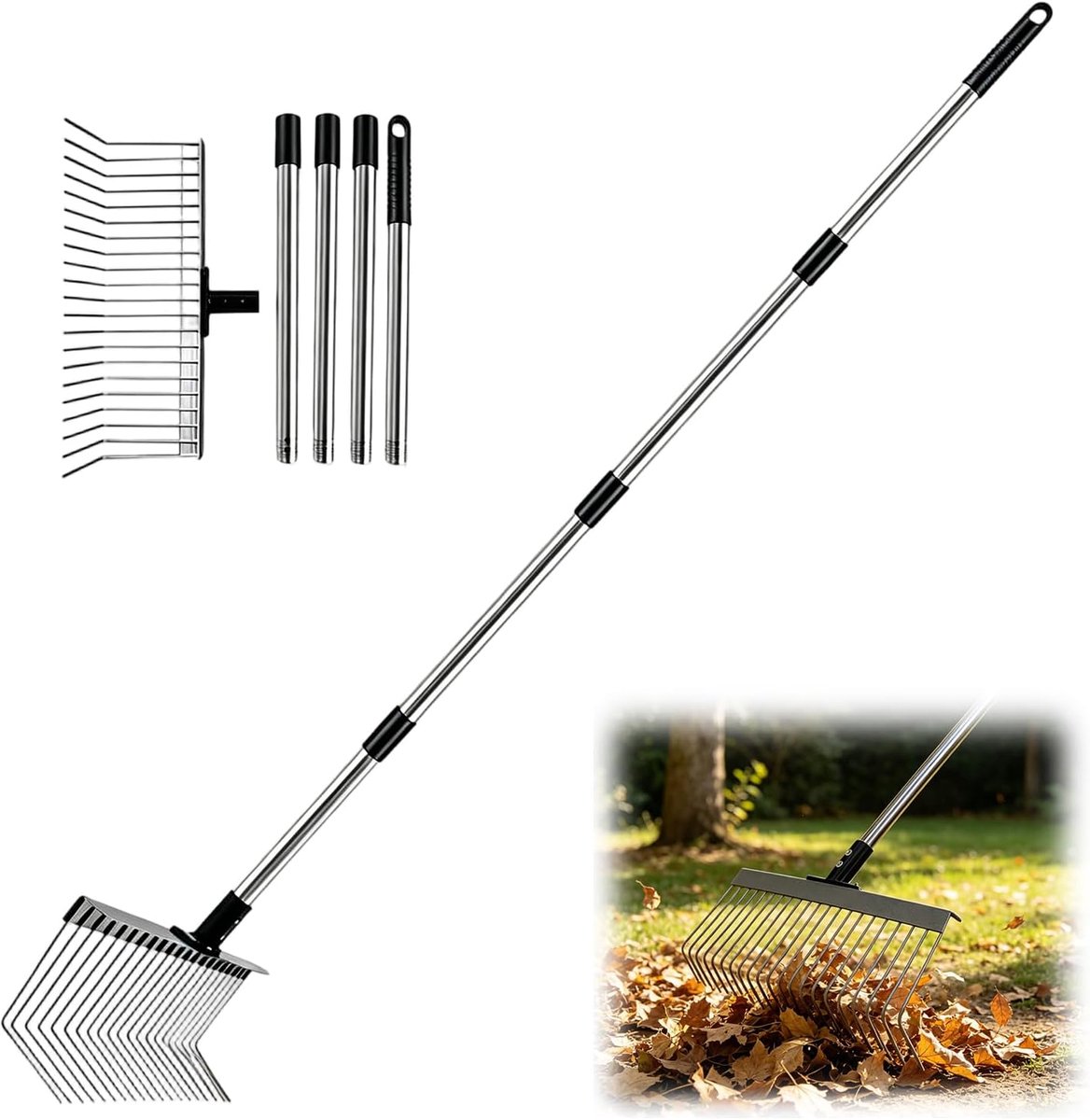 Hark, tuinhark, bladbezem, metaal met 160 cm roestvrijstalen steel, waaierbezem metaal, lange steel, bladverzamelaar, tuinhark voor bladeren, binnenplaats, gazon, bloembedden