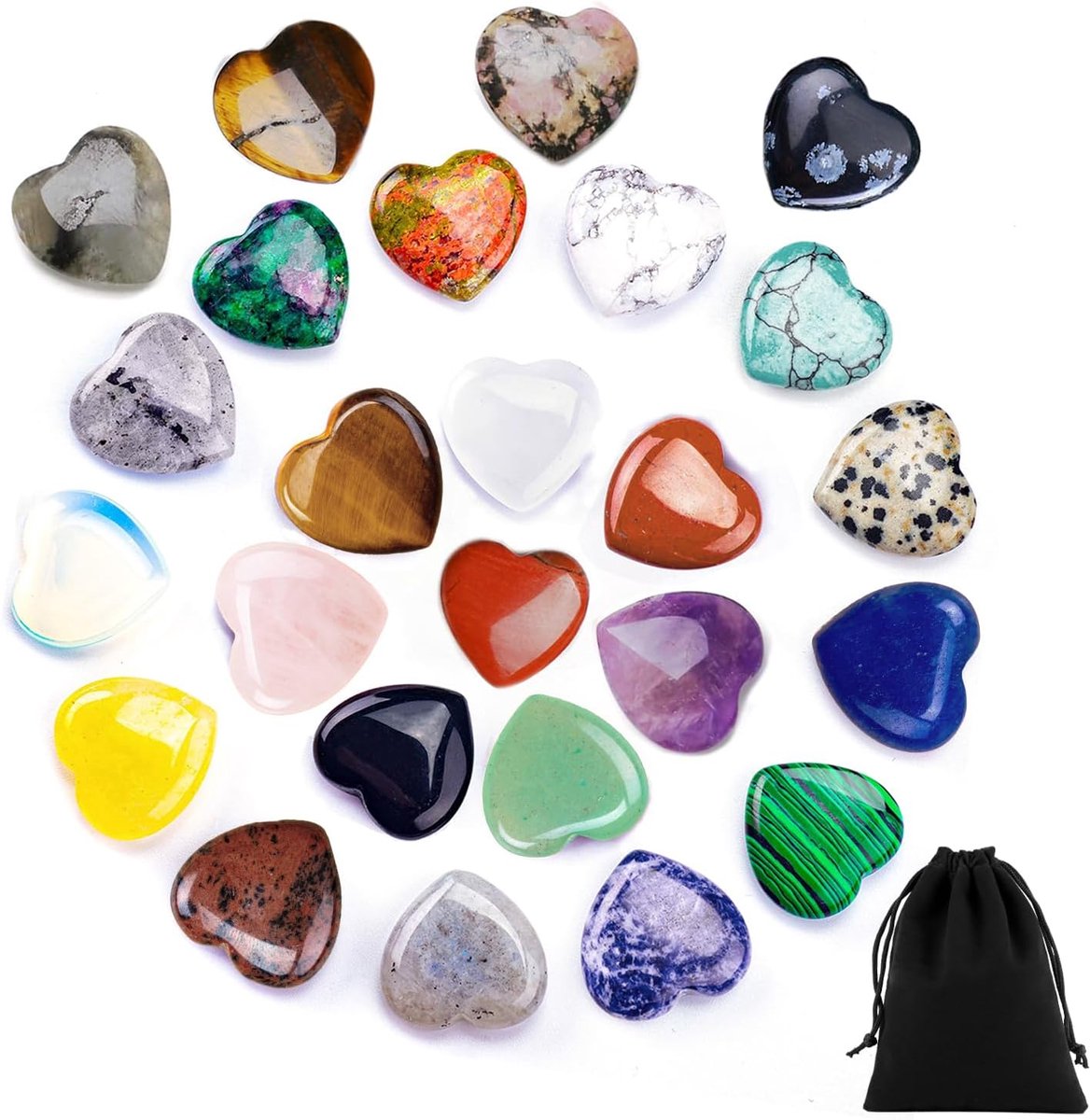 25 stuks kristallen hartstenen met 1 flanellen opbergzak, natuurlijke energiekristallen, chakra-hartkristallen, hartstenen, zakstenen