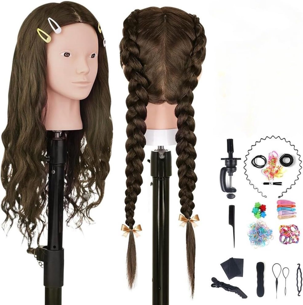 Echthaar, TopDirect 66 cm/26 inch 70% Echt Haar Oefenhoofd voor Kapper, Trainingshoofd met Vlechthulp & Houder & 7 Stuks Kleurrijke Haarverlengingen