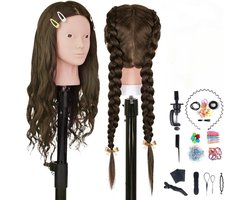 Echthaar, TopDirect 66 cm/26 inch 70% Echt Haar Oefenhoofd voor Kapper, Trainingshoofd met Vlechthulp & Houder & 7 Stuks Kleurrijke Haarverlengingen