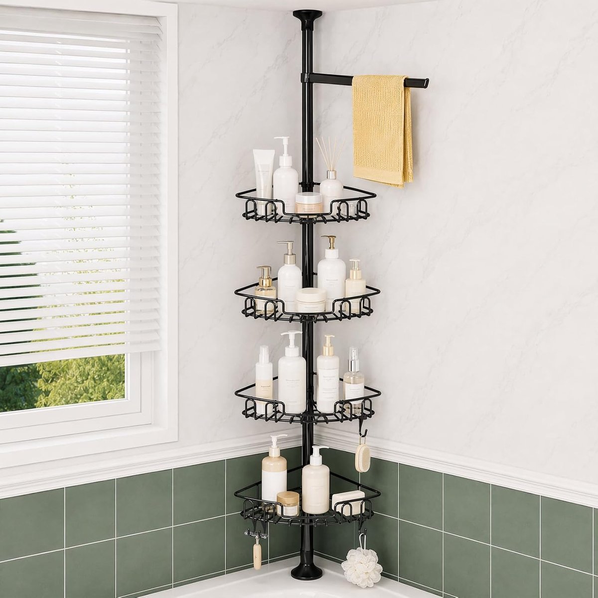 doucherek zonder boren | Voor shampoos, zeep, douchegel, verstelbare lengte 83-313 cm, zwart, max. 20 kg, met handdoekhouder