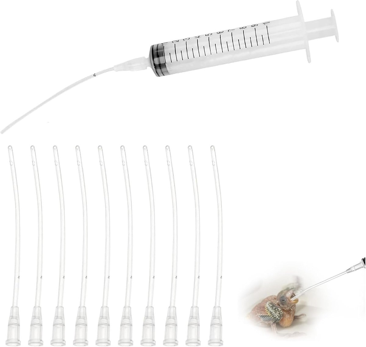 Voederspuit voor jonge vogels, 10 ml spuit met 10 slangen, set slangspuit, voederspuit, optrekspuit, handvoedergereedschap voor duiven, jonge vogels, papegaaien, kuikens, voedingssonde