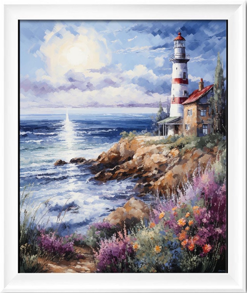Kruissteekset om zelf te maken: compleet assortiment voorgedrukte startersets voor beginners – vuurtoren aan zee 35 x 43 cm