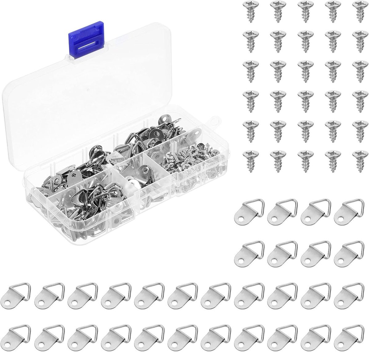 100 stuks haken voor schilderijen van driehoek, framehaken van ring, frame-rugbevestigingen met 100 schroeven voor het ophangen van klokken, schilderijen, foto's, zilverkleurig