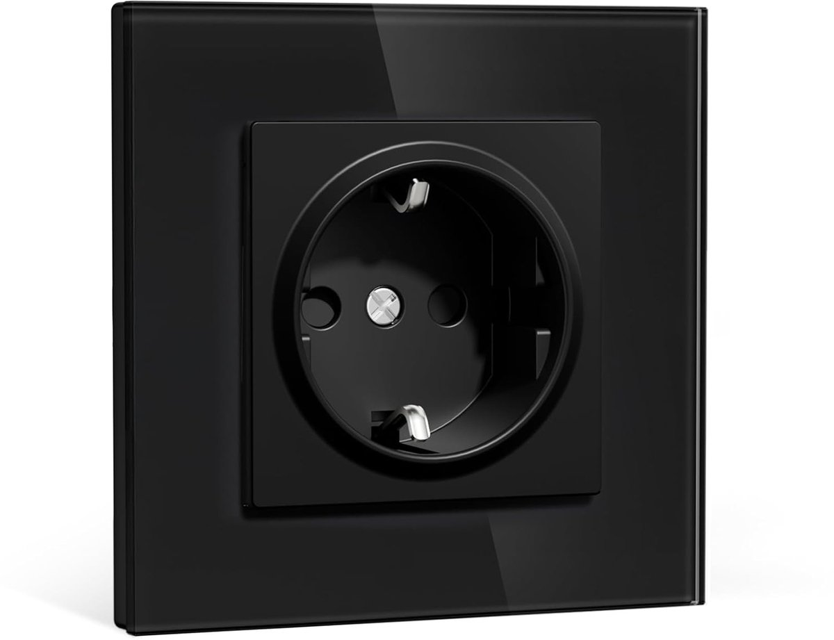 Stopcontact inbouw EU-standaard, 86 x 86 mm, wandcontactdoos 16 A met glazen frame, eenvoudige installatie, klapklemmen, type F-stopcontact met aarding, 1-voudig, zwart