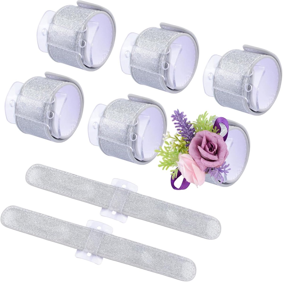 Set van 6 klapbandjes - zilver met glitter - corsage polsbandjes - perfect voor bruiloften - SnelShoppen