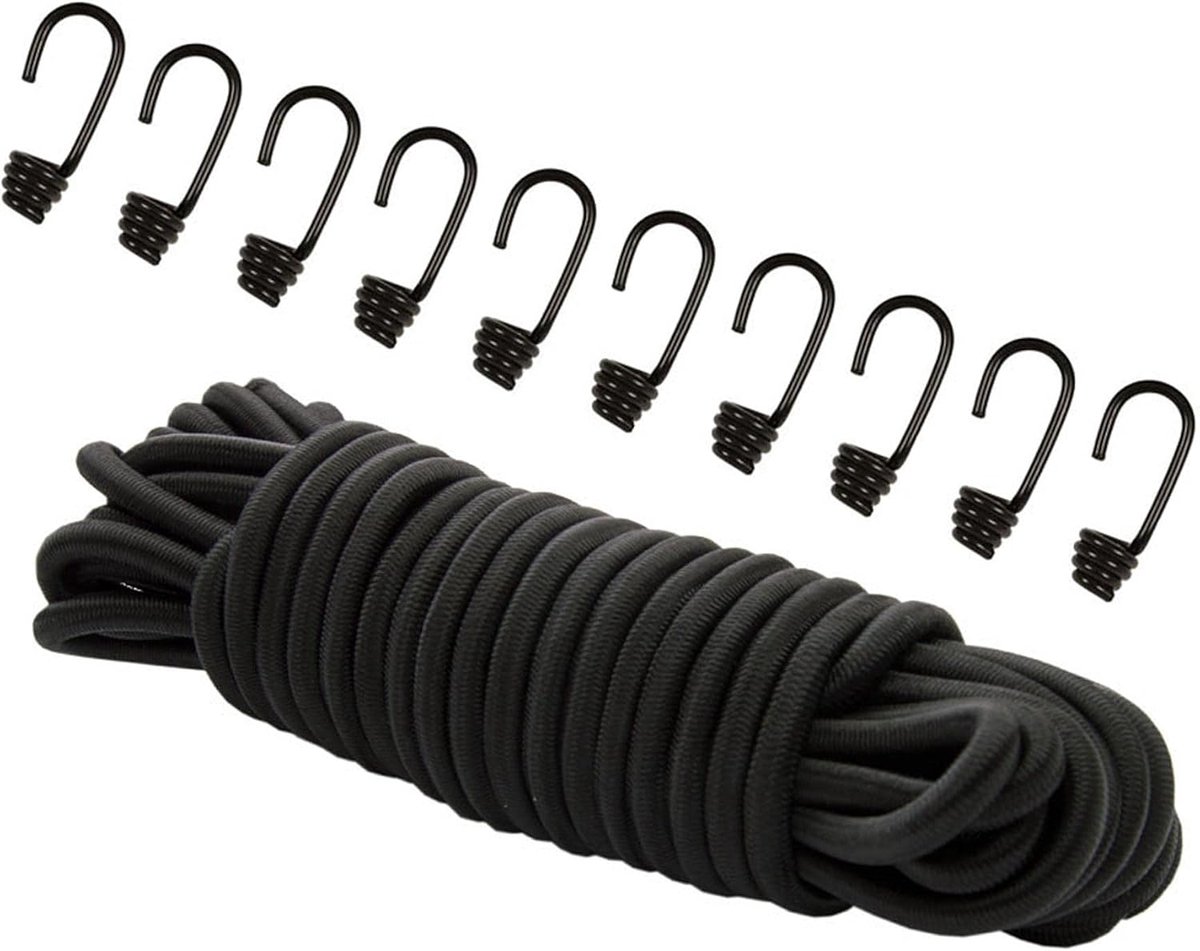 Gummileine 8mm - Zwarte rubber kabel 20 m - Met 10 spiraalhaken - Voor het vastzetten van zeilen - SnelShoppen