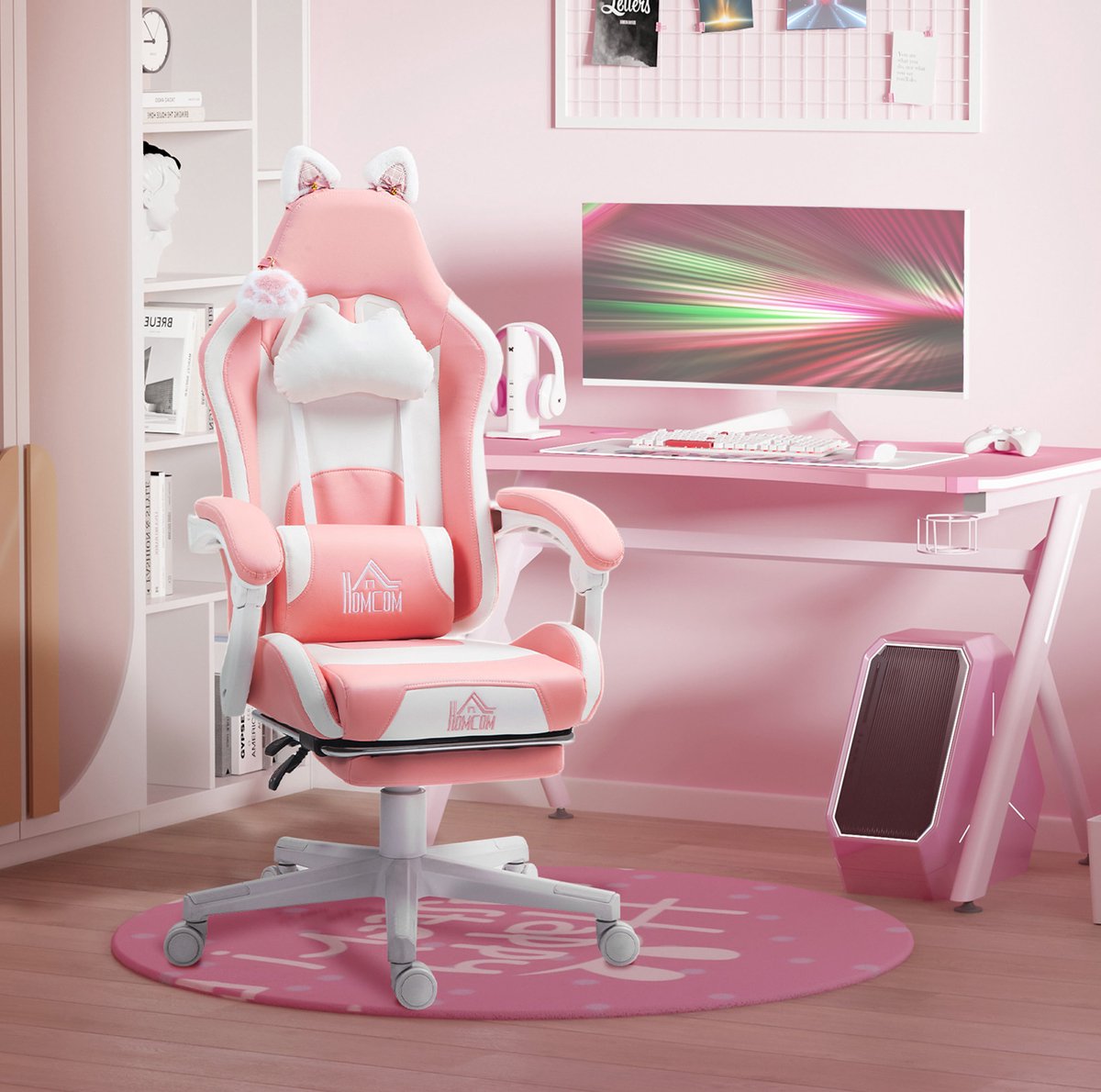 STILVORA Gamingstoel 65 X 62 X 116 124 Cm - Kattenoren En Voetensteun - Voor Spel En Bureau - Kunstleer - Roze