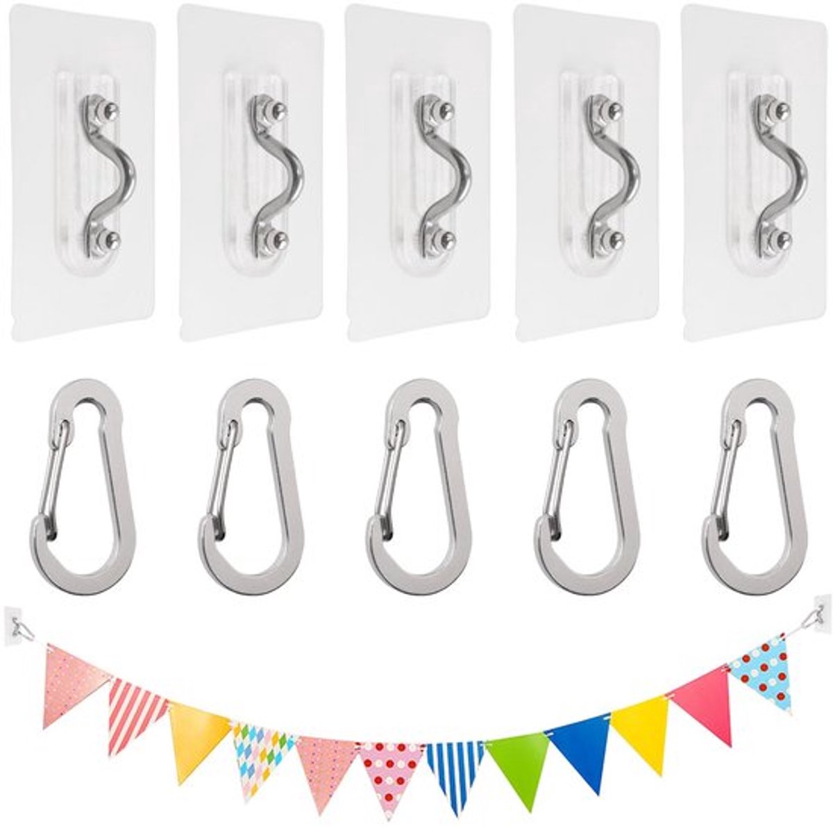 Zelfklevende haken, 5 sets van nagelvrije zelfklevende wandhaken, zelfklevende plafondhaken met pad oog bandplaten en karabiners voor het ophangen van feeënlicht, windgongen en trekvlag