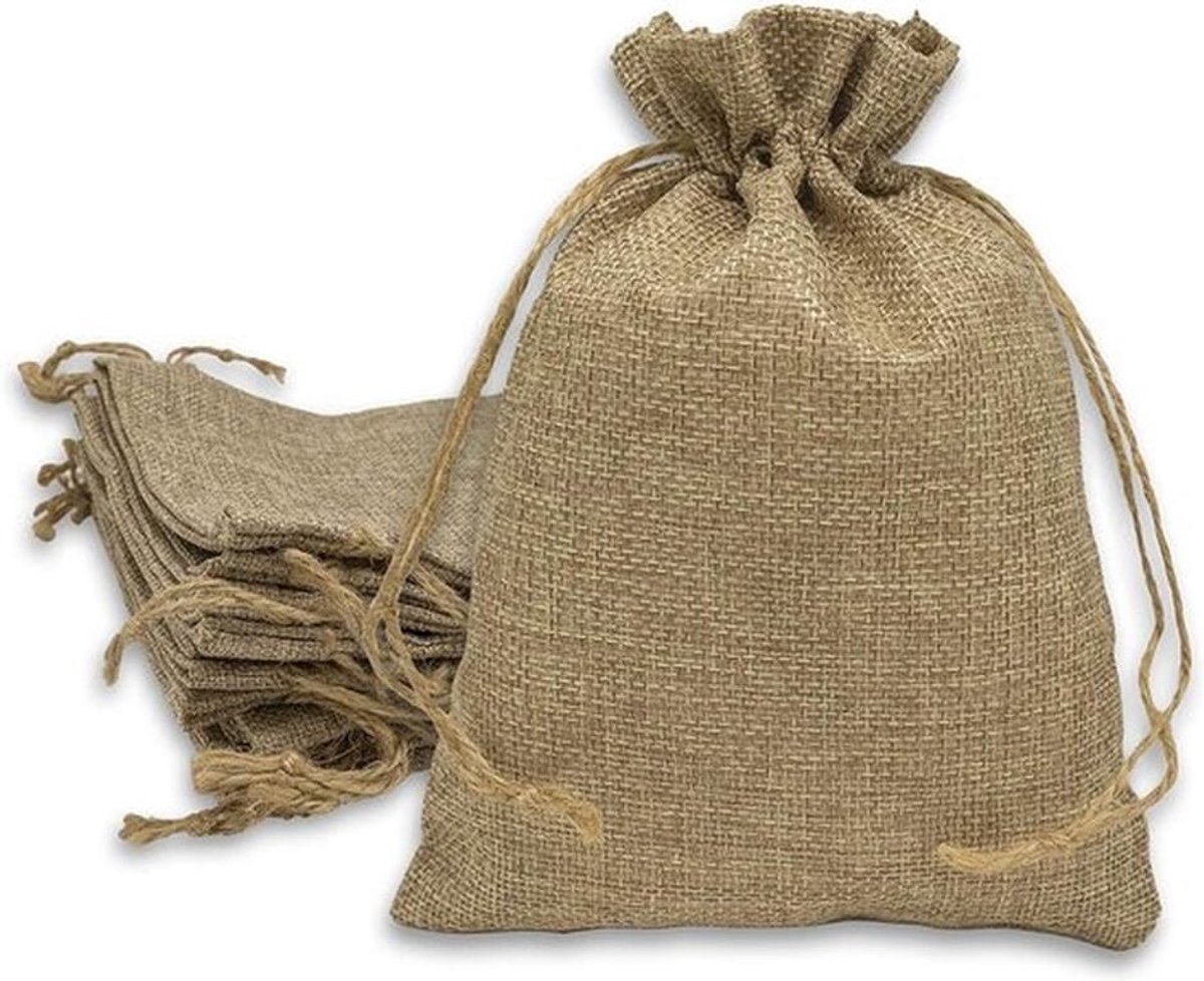 12 stuks Jute Zakken met Trekkoord - Natuurlijke Bruine Cadeauzakken (14x19 cm) - Geschikt voor Feestjes, Bruiloften en DIY Projecten - Milieuvriendelijk Verpakkingsmateriaal