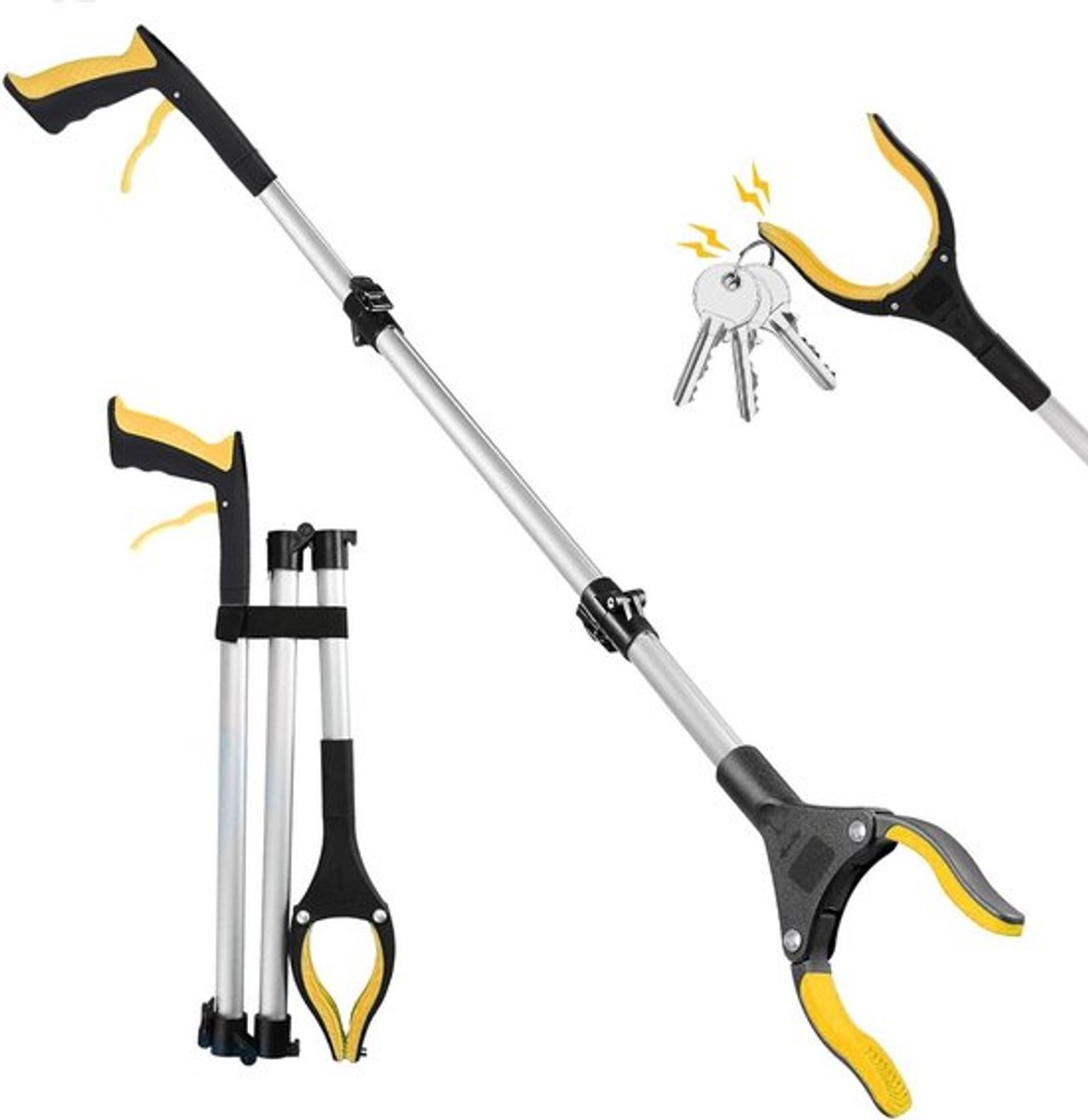 Opvouwbare grijper voor senioren met 360° draaibare kop - 109 cm lang - Multifunctionele grijper - Vuilnistang grijptang met magneetpunten - Geel - Handig hulpmiddel voor ouderen