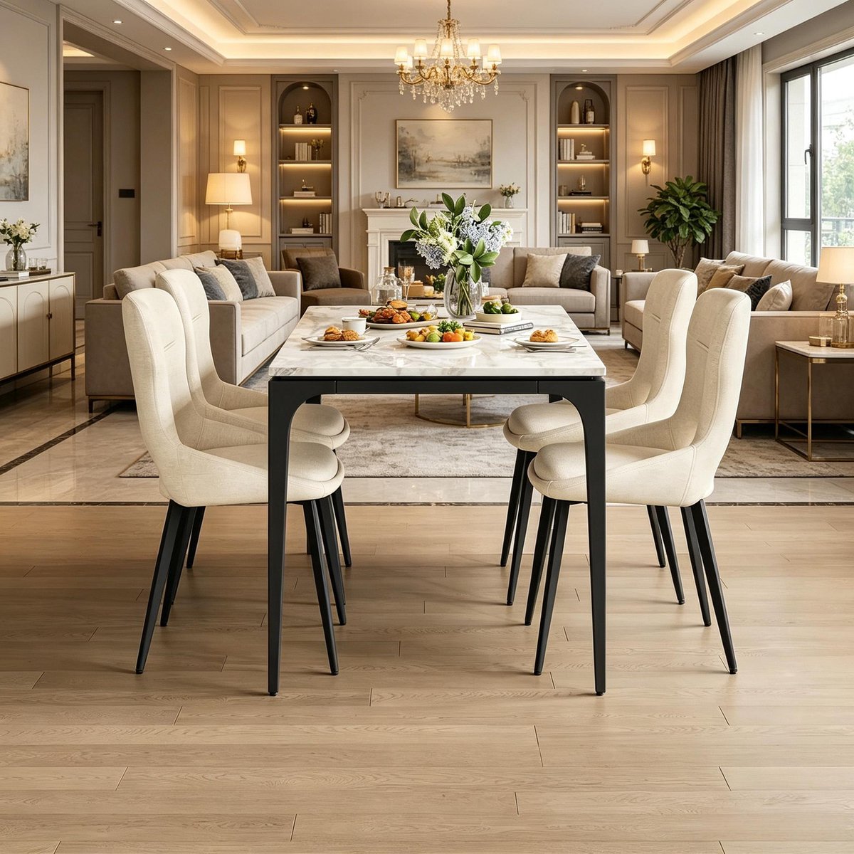 MODENUIT Eetkamerstoel - Gestoffeerd Met Armleuningen - Set Van 4 - Stof En Metaal - Beige - 43x40x86 Cm