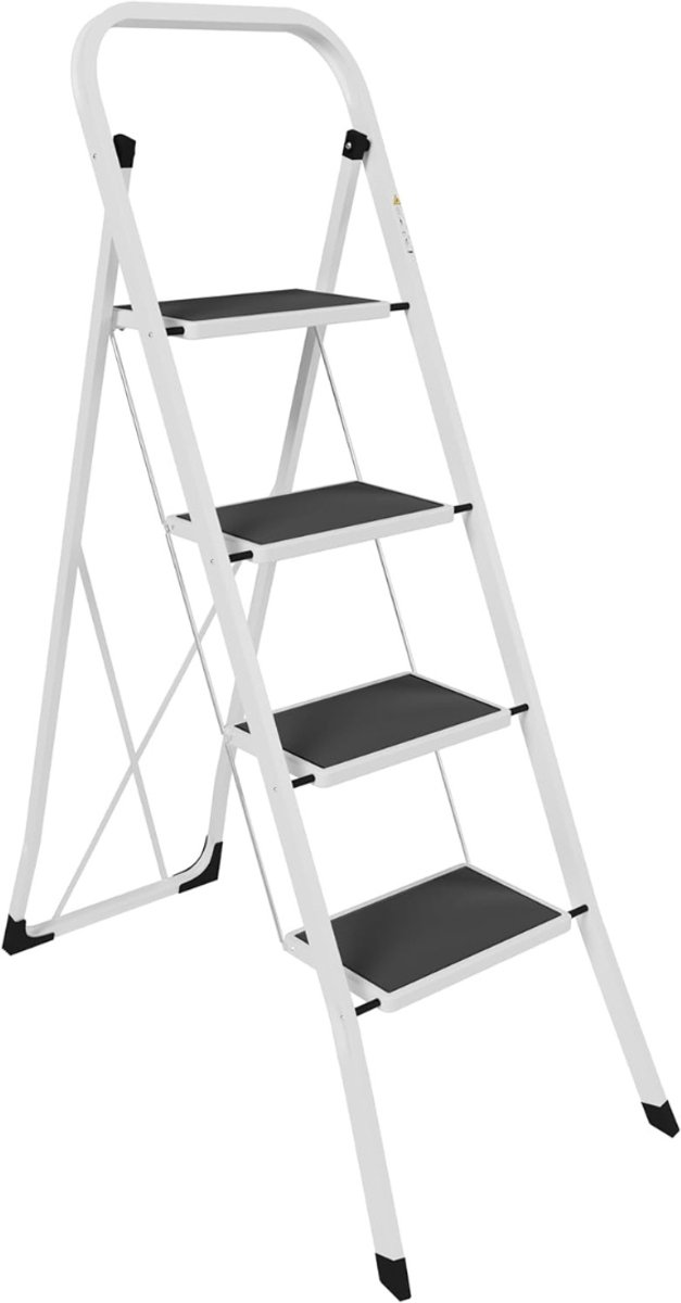 QUOVO® Huishoudtrap 4 Treden - Keukentrapje Basic Inklapbaar – Keukentrap Anti-slip – Trapladder - Opstapje – Vouwladder– Ladders – Keukentrap - Wit - 47cm x 127cm x 25cm