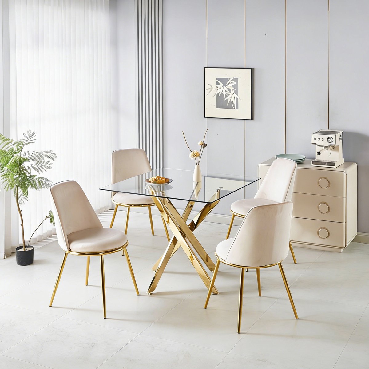 COVREO Eetkamerset 80x80x75 cm golden, metalen frame met 4 stoelen