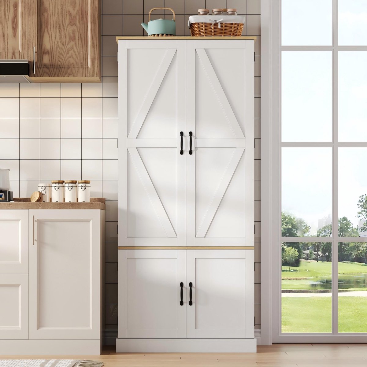VVBV Buffetkast 39.6x80x181.1 cm - Verstelbare Planken, Opbergruimte, Met Lades, Met Planken - Wit, MDF