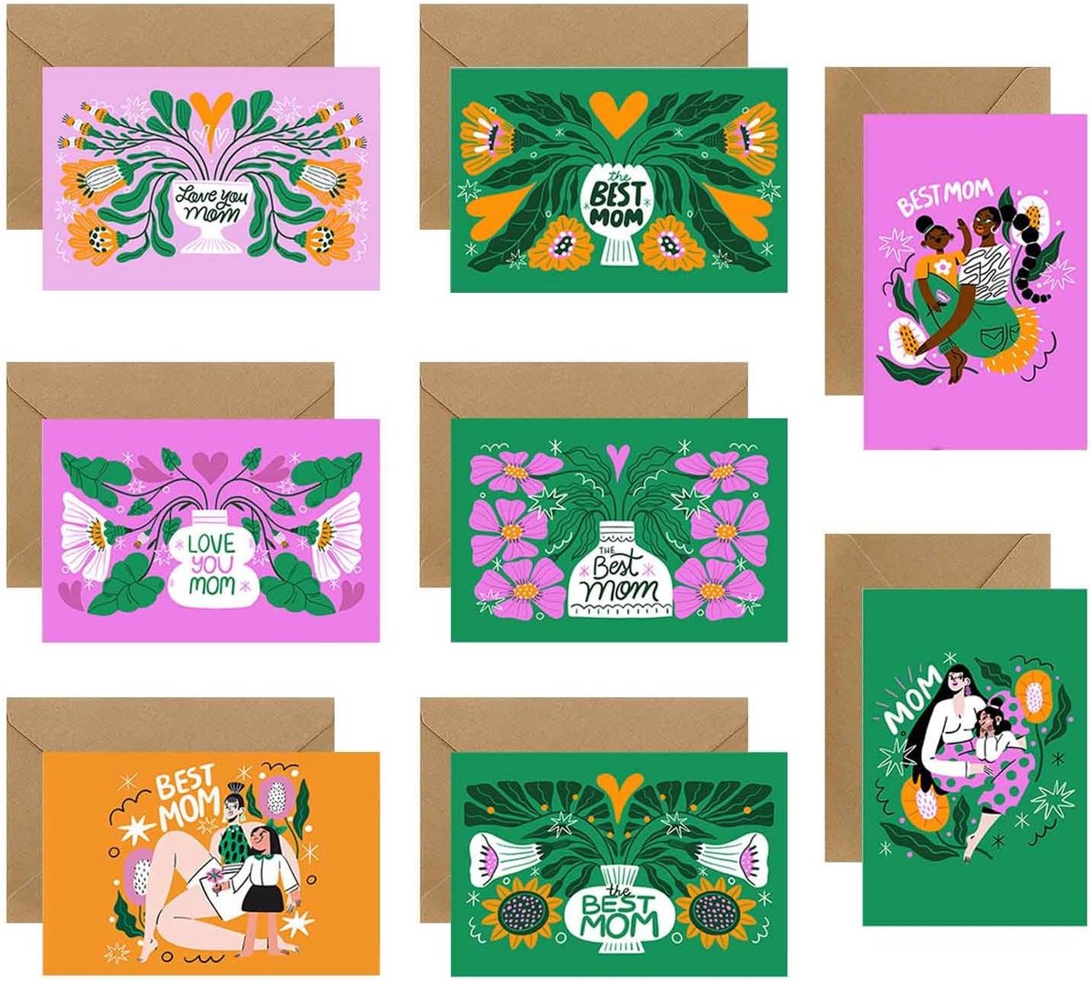 Moederdagkaarten 8 stuks - milieuvriendelijk - bloemen en bladmotief - persoonlijke boodschap voor mama - ShopVlot