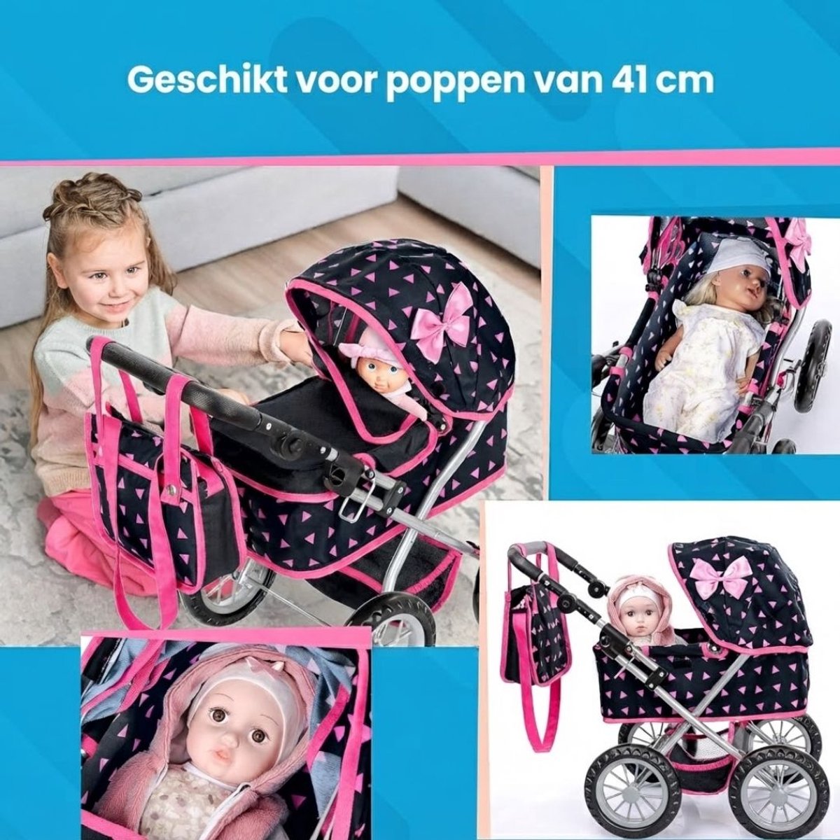 NIVA® Poppenwagen - Poppenwagen Set – Poppenbuggy voor Poppen en Knuffels - Zwart/Roze - 48cm x 36cm x 63cm